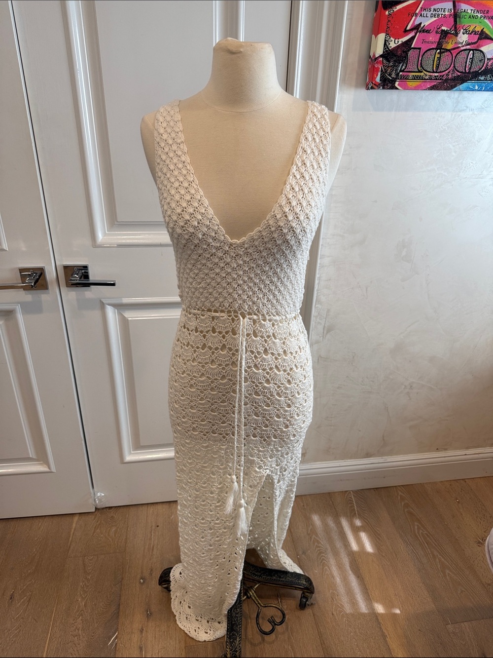 Cream Crochet V-Neck Maxi Dress with Waist Tie